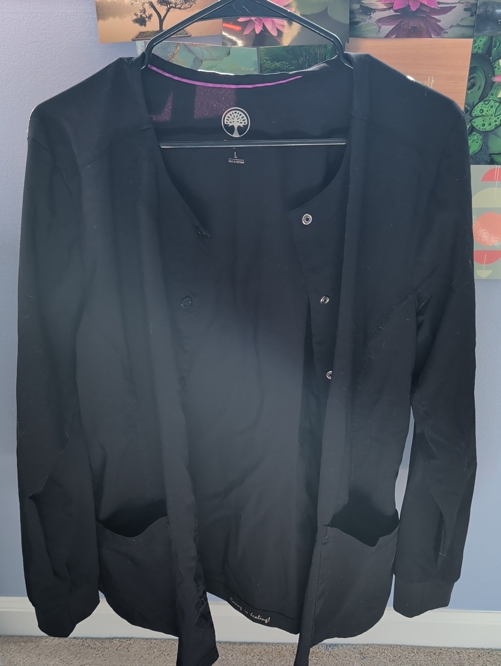 Healing hands Black Women's Scrub Jacket with Purple Trim - L
